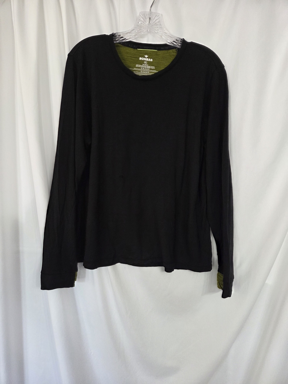 Bombas Merino Wool Blend Long Sleeve Crew in Black/Olive Trim Cuffs Size XL